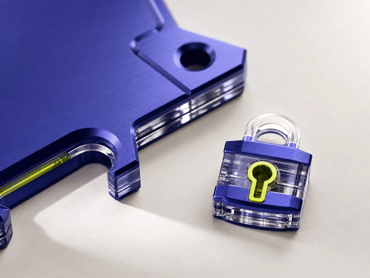 Machined shield and padlock representing AI security and governance